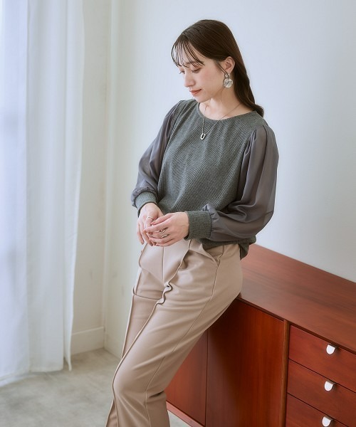 nissen（ニッセン）の「シアーボリューム袖リブカットソー（Tシャツ/カットソー・レディース・チャコールグレー/ブラック/グレイッシュベージュ/ブラウン・L/S/LL/M/3L/4L/5L/6L）」の19枚目の写真