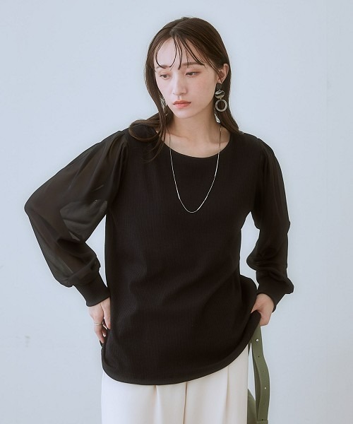 nissen（ニッセン）の「シアーボリューム袖リブカットソー（Tシャツ/カットソー・レディース・チャコールグレー/ブラック/グレイッシュベージュ/ブラウン・L/S/LL/M/3L/4L/5L/6L）」の11枚目の写真