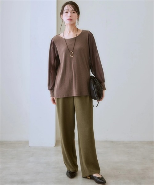 nissen（ニッセン）の「シアーボリューム袖リブカットソー（Tシャツ/カットソー・レディース・チャコールグレー/ブラック/グレイッシュベージュ/ブラウン・L/S/LL/M/3L/4L/5L/6L）」の6枚目の写真