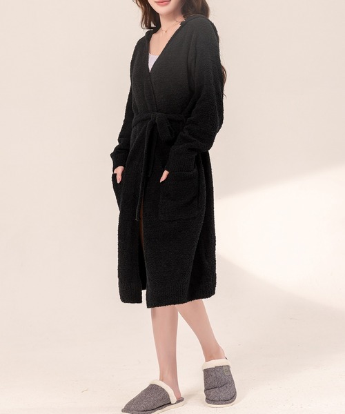 レディース 長袖ひざ丈フード付きリブルームガウン+腰紐（ルームウェア