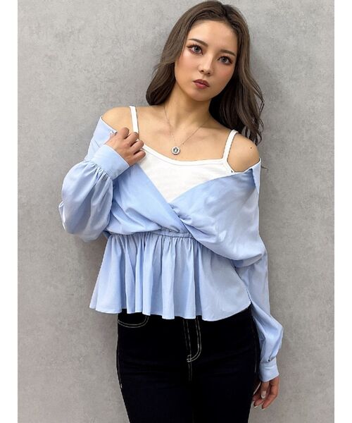 GYDA(ジェイダ)の「キャミレイヤードオフショルペプラムシャツ(シャツ/ブラウス・レディース・オフホワイト/ブルー・FREE)」の16枚目の写真