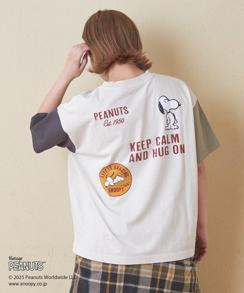 CUBE SUGAR（キューブシュガー）の「PEANUTS(ピーナッツ)21/-OE天竺スヌーピーTシャツ（Tシャツ/カットソー・レディース・ナチュラル/カーキ/マルチ/スミクロ/レッド・M）」の5枚目の写真