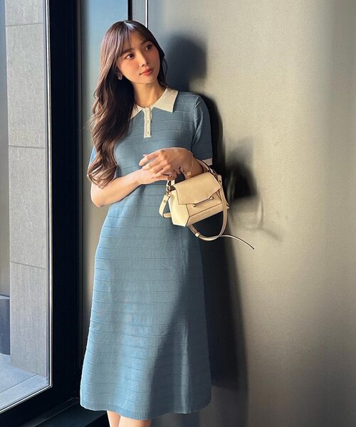 岡部あゆみさんコラボ ］ リップルボーダーポロカラーニットワンピース