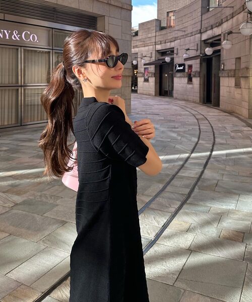 KOBE LETTUCE（コウベレタス）の「［ 岡部あゆみさんコラボ ］ リップルボーダーポロカラーニットワンピース（ワンピース・レディース・その他/ブラック/ライトピンク/ホワイト×ブラック/ブルー系・M）」の3枚目の写真