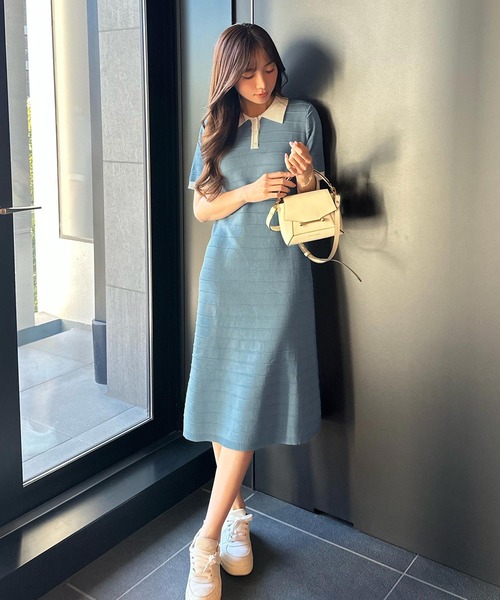 KOBE LETTUCE（コウベレタス）の「［ 岡部あゆみさんコラボ ］ リップルボーダーポロカラーニットワンピース（ワンピース・レディース・その他/ブラック/ライトピンク/ホワイト×ブラック/ブルー系・M）」の13枚目の写真
