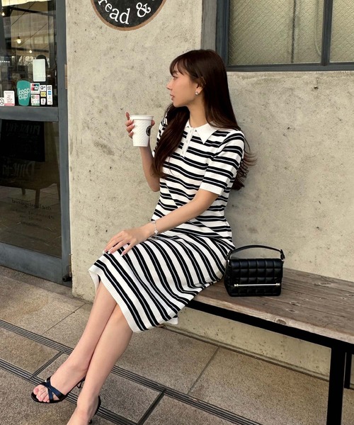 岡部あゆみさんコラボ ］ リップルボーダーポロカラーニットワンピース