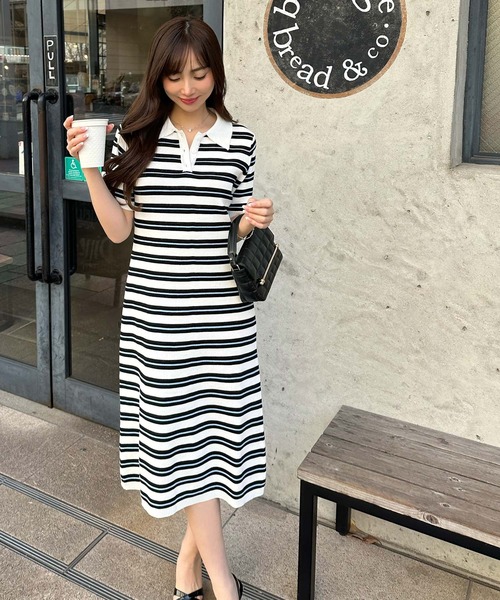 りラベンダーポロワンピース セール】［ 岡部あゆみさんコラボ ］ リップルボーダーポロ