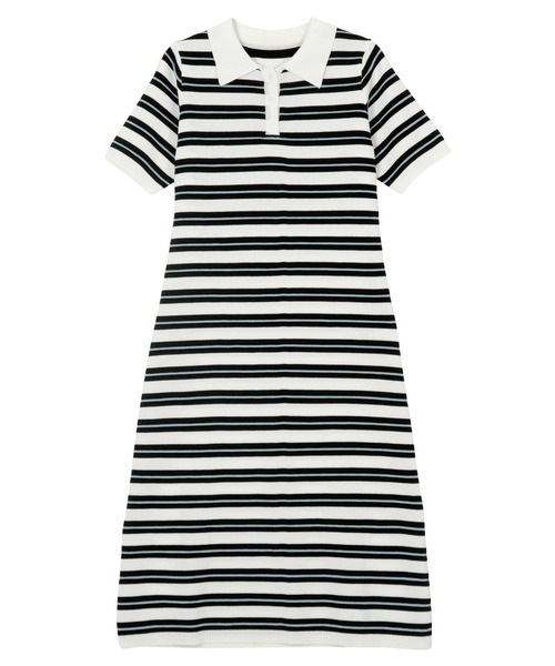 岡部あゆみさんコラボ ］ リップルボーダーポロカラーニットワンピース