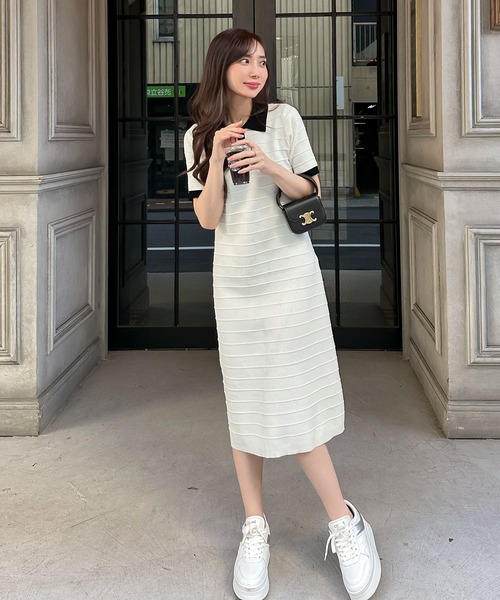 岡部あゆみさんコラボ ］ リップルボーダーポロカラーニットワンピース