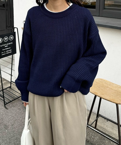 LE MORE（リモア）の「ルーズフィット畦編みニット（ニット/セーター・レディース・アイボリー/ネイビー・FREE）」の2枚目の写真