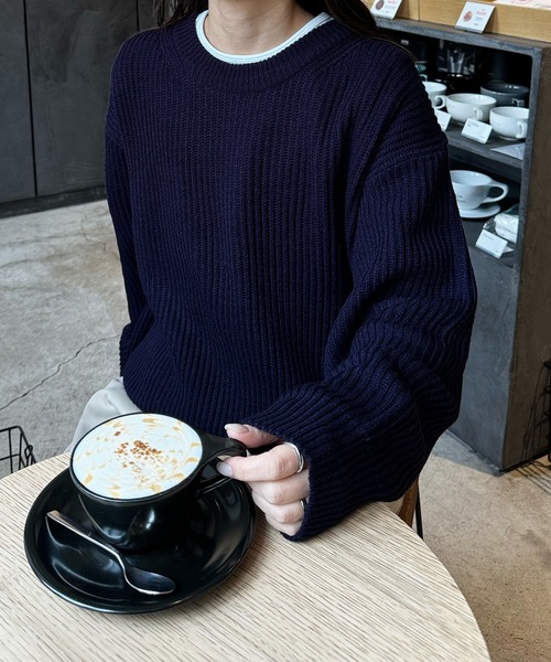 LE MORE（リモア）の「ルーズフィット畦編みニット（ニット/セーター・レディース・アイボリー/ネイビー・FREE）」の14枚目の写真