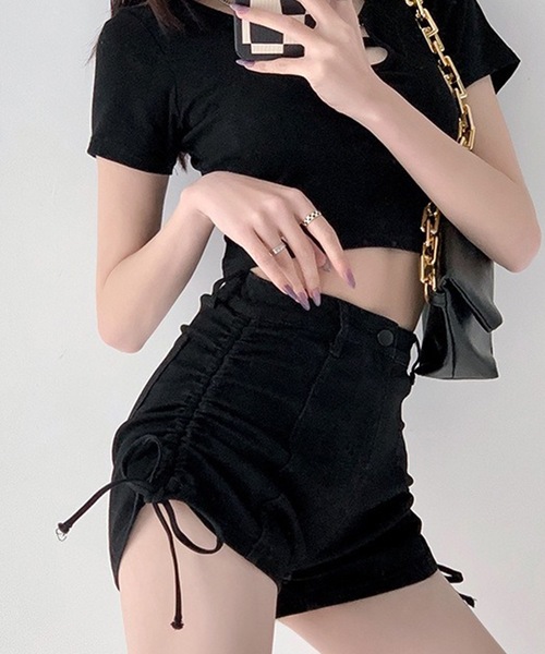 セール】サイド シャーリング リボン デニム ショート パンツ