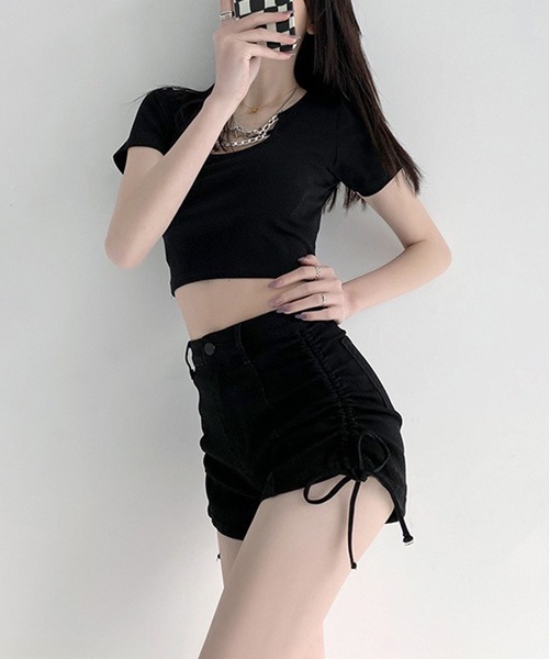 Lace Ladies(レースレディース)の「サイド シャーリング リボン デニム ショート パンツ(デニムパンツ・レディース・ブラック/ブルー/グレー・S/M/L/XL)」の5枚目の写真