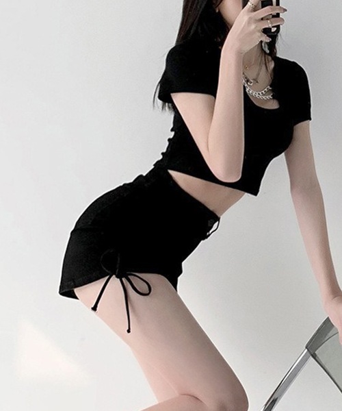 Lace Ladies(レースレディース)の「サイド シャーリング リボン デニム ショート パンツ(デニムパンツ・レディース・ブラック/ブルー/グレー・S/M/L/XL)」の8枚目の写真