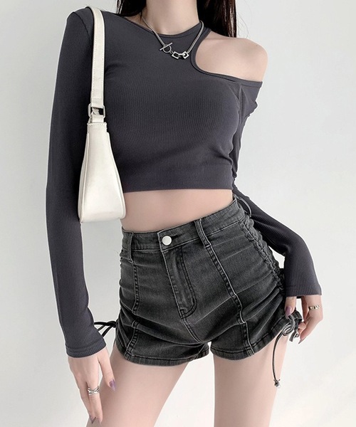 Lace Ladies(レースレディース)の「サイド シャーリング リボン デニム ショート パンツ(デニムパンツ・レディース・ブラック/ブルー/グレー・S/M/L/XL)」の9枚目の写真