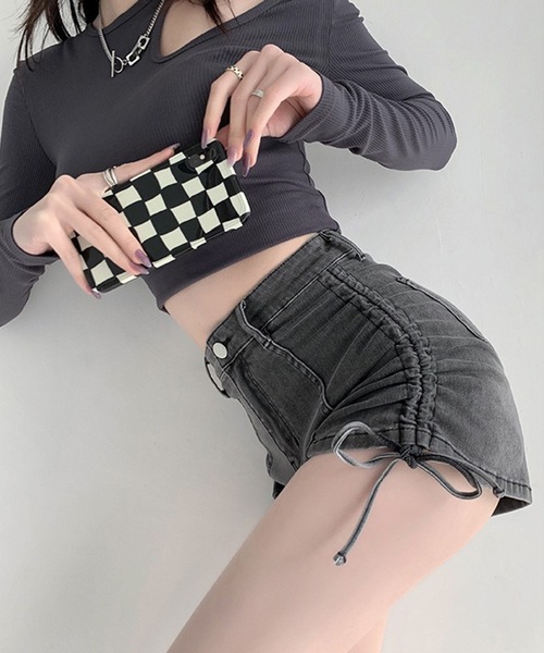 セール】サイド シャーリング リボン デニム ショート パンツ