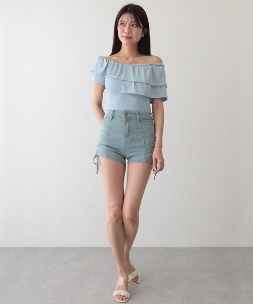 Lace Ladies(レースレディース)の「サイド シャーリング リボン デニム ショート パンツ(デニムパンツ・レディース・ブラック/ブルー/グレー・S/M/L/XL)」の13枚目の写真