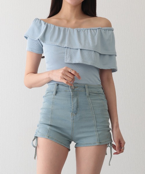 Lace Ladies(レースレディース)の「サイド シャーリング リボン デニム ショート パンツ(デニムパンツ・レディース・ブラック/ブルー/グレー・S/M/L/XL)」の14枚目の写真