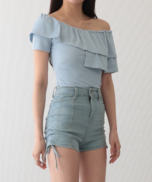 Lace Ladies(レースレディース)の「サイド シャーリング リボン デニム ショート パンツ(デニムパンツ・レディース・ブラック/ブルー/グレー・S/M/L/XL)」の15枚目の写真