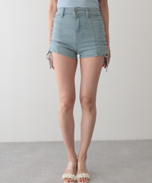 Lace Ladies(レースレディース)の「サイド シャーリング リボン デニム ショート パンツ(デニムパンツ・レディース・ブラック/ブルー/グレー・S/M/L/XL)」の16枚目の写真