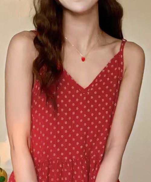 DAY CLOSET(デイ クローゼット)の「【裏地付き/シワになりにくい】小花柄 Vネック ティアード Aライン ワンピース レディース(ワンピース・レディース・ブラック/レッド/ホワイト・FREE)」の12枚目の写真
