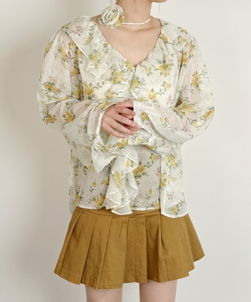 VIVID LADY(ビビッドレディー)の「花柄 シアーブラウス 長袖 チョーカー付 2WAY(シャツ/ブラウス・レディース・ピンク/イエロー/ブルー・FREE)」の3枚目の写真
