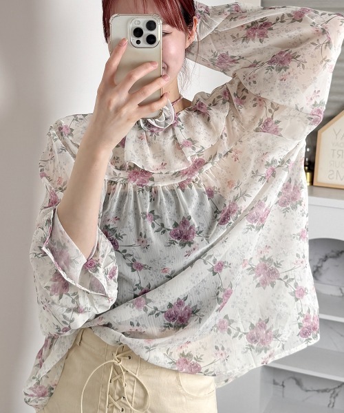 VIVID LADY(ビビッドレディー)の「花柄 シアーブラウス 長袖 チョーカー付 2WAY(シャツ/ブラウス・レディース・ピンク/イエロー/ブルー・FREE)」の15枚目の写真