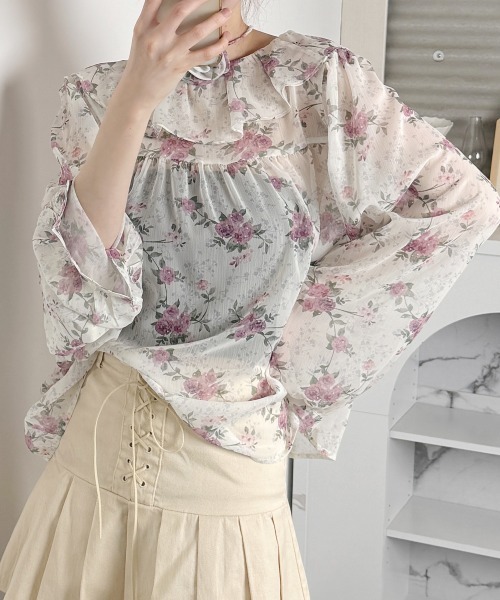 VIVID LADY(ビビッドレディー)の「花柄 シアーブラウス 長袖 チョーカー付 2WAY(シャツ/ブラウス・レディース・ピンク/イエロー/ブルー・FREE)」の14枚目の写真