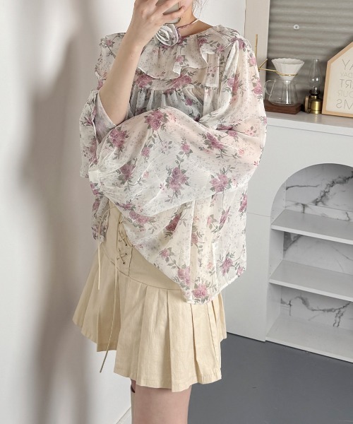 VIVID LADY(ビビッドレディー)の「花柄 シアーブラウス 長袖 チョーカー付 2WAY(シャツ/ブラウス・レディース・ピンク/イエロー/ブルー・FREE)」の13枚目の写真