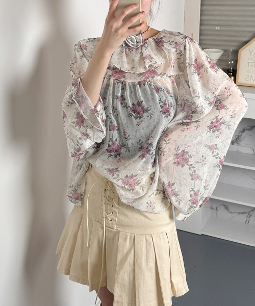 VIVID LADY(ビビッドレディー)の「花柄 シアーブラウス 長袖 チョーカー付 2WAY(シャツ/ブラウス・レディース・ピンク/イエロー/ブルー・FREE)」の12枚目の写真