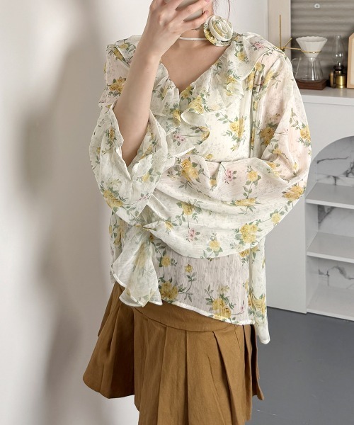 セール】花柄 シアーブラウス 長袖 チョーカー付 2WAY（シャツ