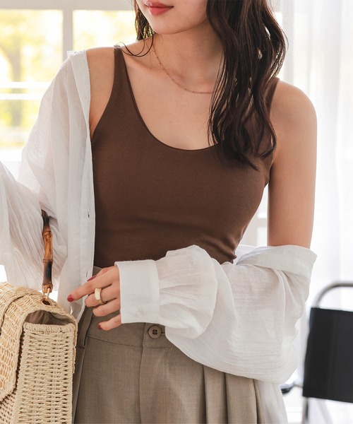 KOBE LETTUCE（コウベレタス）の「カップ付き 深Uネックタンクトップ（タンクトップ・レディース・ホワイト/ブラウン/杢グレー/ブラック・M）」の6枚目の写真