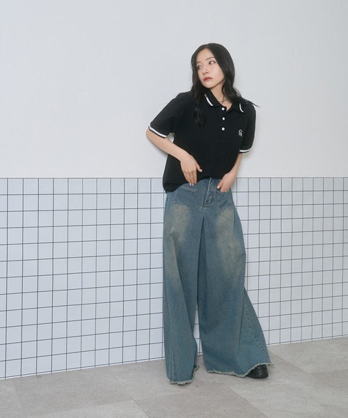 ANDGEEBEE（アンジービー）の「UNISEX ポロラインT（ポロシャツ・レディース・ブラック/アイボリー・FREE）」の9枚目の写真