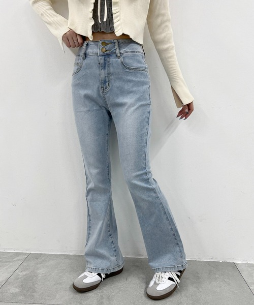 ★未使用品★　ルシアンペラフィネ　★　　ユーズド加工ジーンズ　★　フレアパンツ ワイドデニム レディースフレアパンツ韓国[品番：AGCW0004763