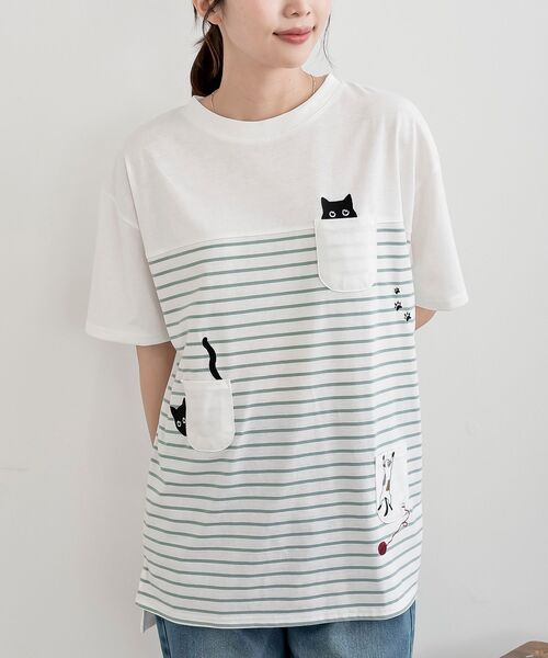 rps（アールピーエス）の「ねこだらけ３ポケットボーダーワイドＴ（Tシャツ/カットソー・レディース・ネイビー/ミント・フリー）」の2枚目の写真