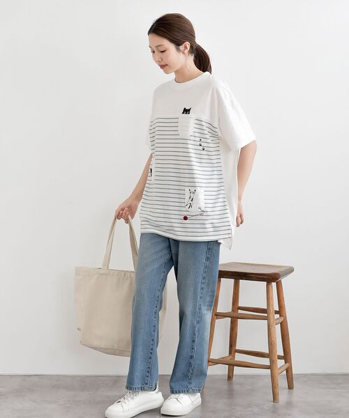 rps（アールピーエス）の「ねこだらけ３ポケットボーダーワイドＴ（Tシャツ/カットソー・レディース・ネイビー/ミント・フリー）」の3枚目の写真