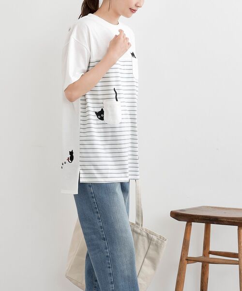 rps（アールピーエス）の「ねこだらけ３ポケットボーダーワイドＴ（Tシャツ/カットソー・レディース・ネイビー/ミント・フリー）」の6枚目の写真