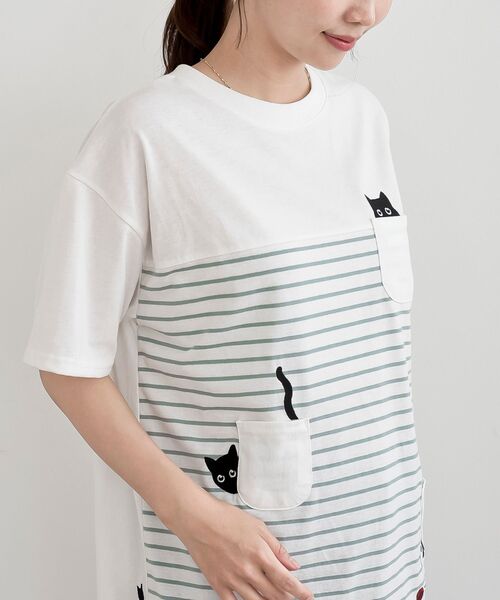 rps（アールピーエス）の「ねこだらけ３ポケットボーダーワイドＴ（Tシャツ/カットソー・レディース・ネイビー/ミント・フリー）」の7枚目の写真