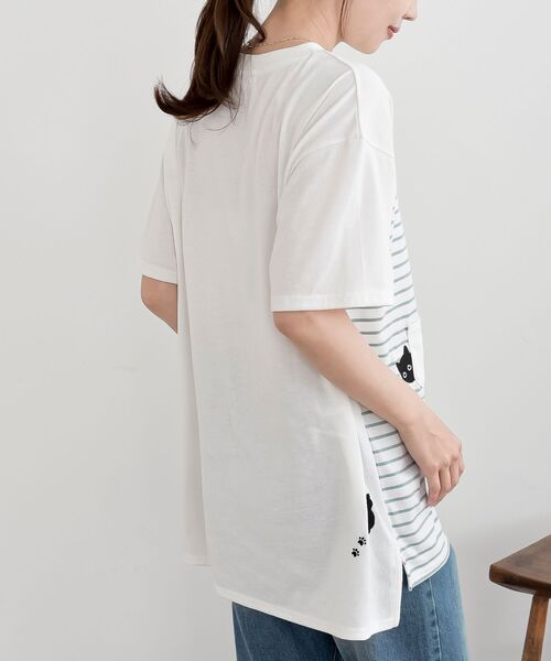 rps（アールピーエス）の「ねこだらけ３ポケットボーダーワイドＴ（Tシャツ/カットソー・レディース・ネイビー/ミント・フリー）」の8枚目の写真