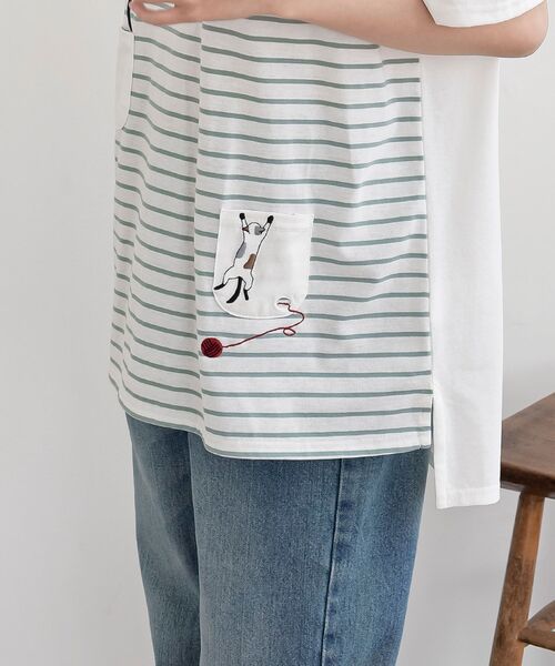rps（アールピーエス）の「ねこだらけ３ポケットボーダーワイドＴ（Tシャツ/カットソー・レディース・ネイビー/ミント・フリー）」の10枚目の写真
