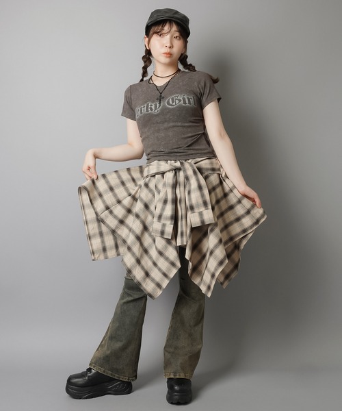 SPINNS（スピンズ）の「履くだけ簡単レイヤード♪ 腰巻きチェックシャツ風スカート/インナーパンツ付き（スカート・レディース・オフホワイト/ブラック/レッド/ベージュ・ONESIZE）」の18枚目の写真