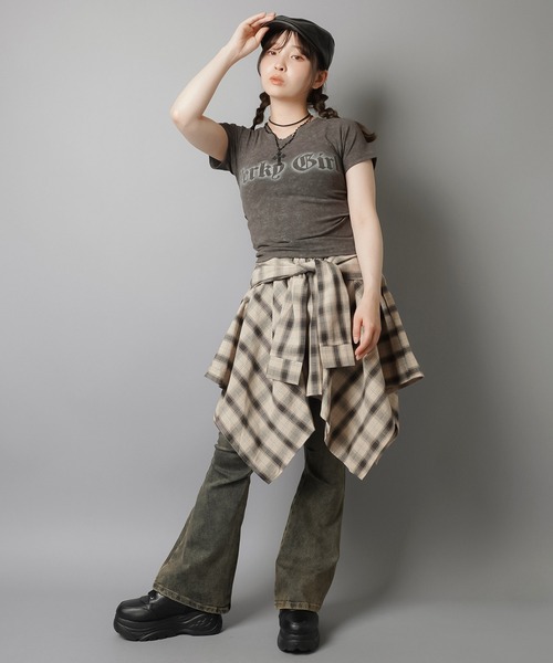 SPINNS（スピンズ）の「履くだけ簡単レイヤード♪ 腰巻きチェックシャツ風スカート/インナーパンツ付き（スカート・レディース・オフホワイト/ブラック/レッド/ベージュ・ONESIZE）」の11枚目の写真