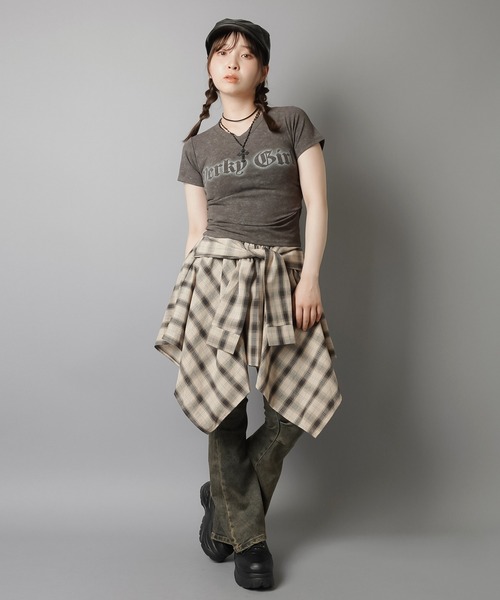 SPINNS（スピンズ）の「履くだけ簡単レイヤード♪ 腰巻きチェックシャツ風スカート/インナーパンツ付き（スカート・レディース・オフホワイト/ブラック/レッド/ベージュ・ONESIZE）」の12枚目の写真