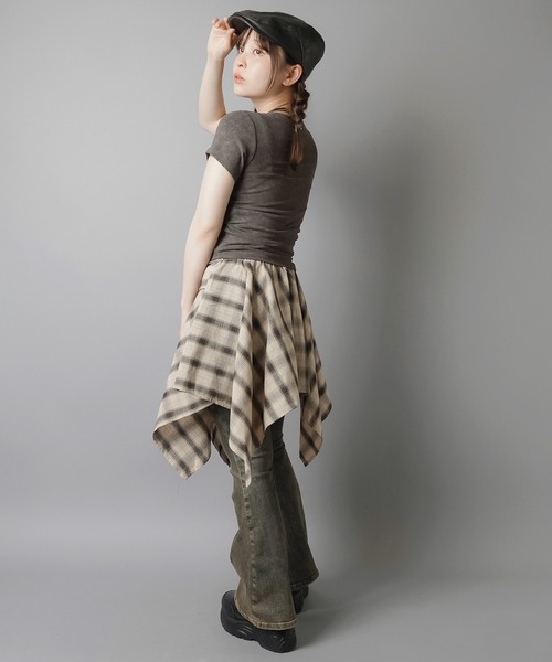 SPINNS（スピンズ）の「履くだけ簡単レイヤード♪ 腰巻きチェックシャツ風スカート/インナーパンツ付き（スカート・レディース・オフホワイト/ブラック/レッド/ベージュ・ONESIZE）」の6枚目の写真