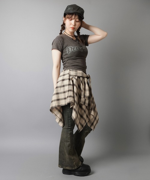 SPINNS（スピンズ）の「履くだけ簡単レイヤード♪ 腰巻きチェックシャツ風スカート/インナーパンツ付き（スカート・レディース・オフホワイト/ブラック/レッド/ベージュ・ONESIZE）」の8枚目の写真