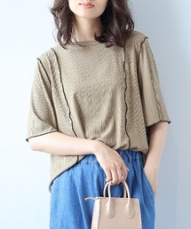 【L~5L 大きいサイズ】ソフトテレコ配色メローTシャツ 6分袖 春夏 メローデザイン