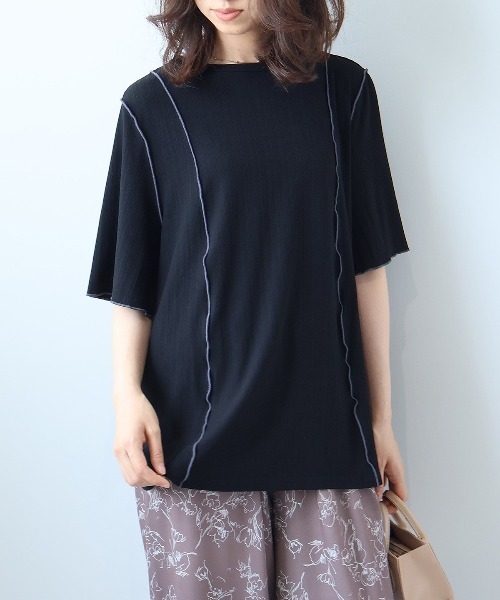 leswel(レスウェル)の「【L~5L 大きいサイズ】ソフトテレコ配色メローTシャツ 6分袖 春夏 メローデザイン(Tシャツ/カットソー・レディース・カーキ/ブラック/ブルー・LL/L/5L/3L/4L)」の7枚目の写真