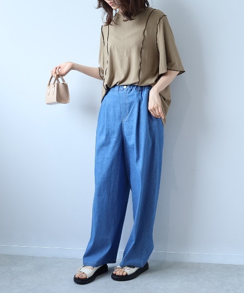 leswel(レスウェル)の「【L~5L 大きいサイズ】ソフトテレコ配色メローTシャツ 6分袖 春夏 メローデザイン(Tシャツ/カットソー・レディース・カーキ/ブラック/ブルー・LL/L/5L/3L/4L)」の10枚目の写真