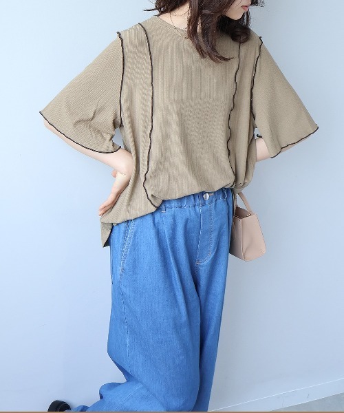 leswel(レスウェル)の「【L~5L 大きいサイズ】ソフトテレコ配色メローTシャツ 6分袖 春夏 メローデザイン(Tシャツ/カットソー・レディース・カーキ/ブラック/ブルー・LL/L/5L/3L/4L)」の11枚目の写真