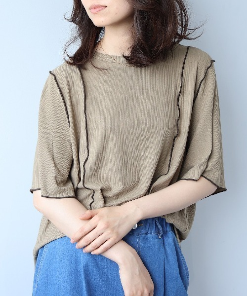 leswel(レスウェル)の「【L~5L 大きいサイズ】ソフトテレコ配色メローTシャツ 6分袖 春夏 メローデザイン(Tシャツ/カットソー・レディース・カーキ/ブラック/ブルー・LL/L/5L/3L/4L)」の12枚目の写真